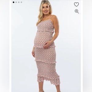 Pink Blush Red Floral Print Smocked Tiered Maternity Dress